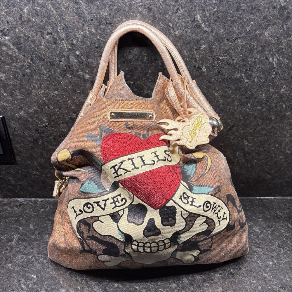 Vintage Y2K Ed Hardy Loves Kills Slowly Skull Roses Large Boho Purse Bag Bronze - Picture 3 of 9